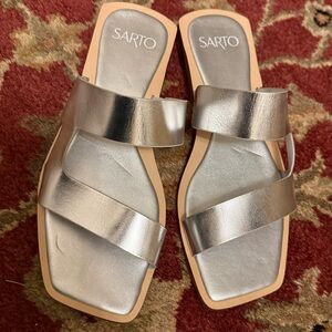 Franco Sarto Metallic Silver Double-Strap Slide Sandals